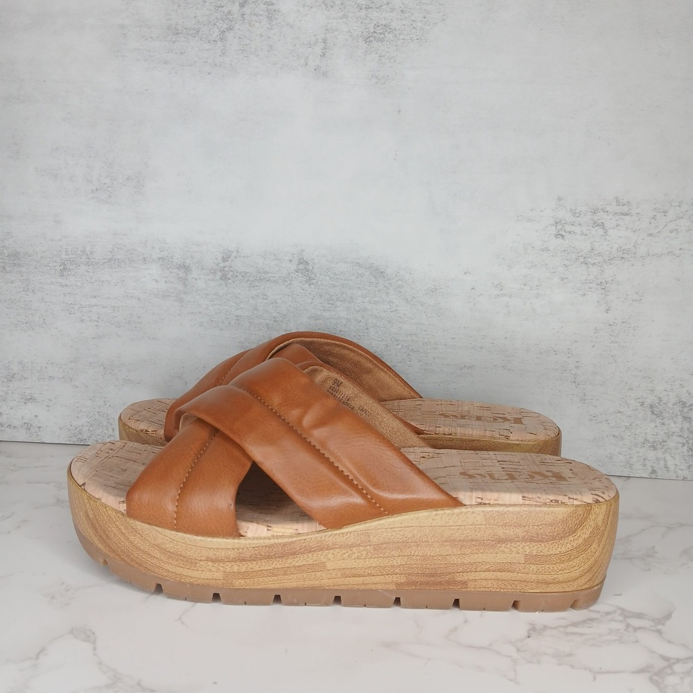 Korks Women's Faithe Crisscross Platform‎ Slide Sandals Cork Sole Tan Size 9M